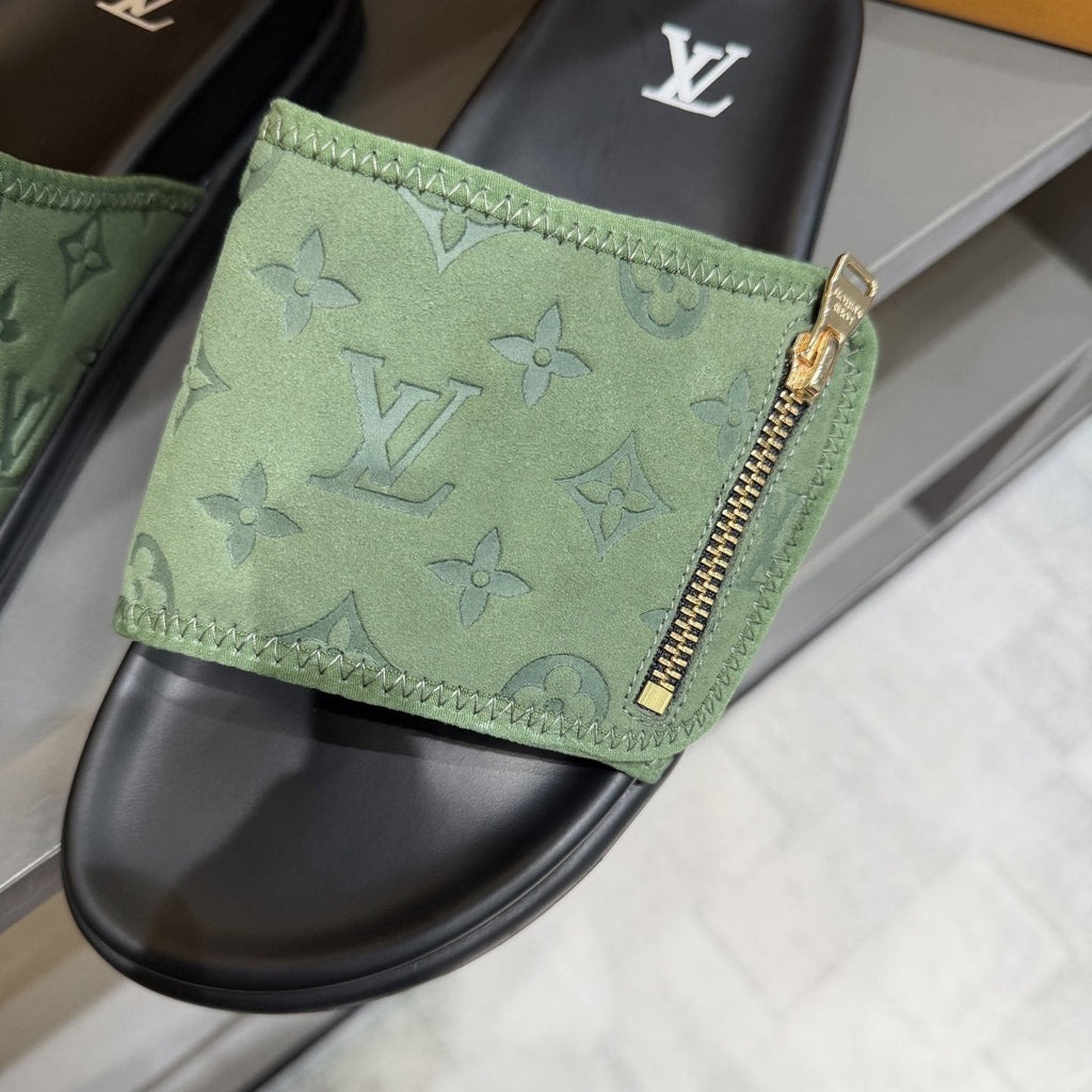 Louis Vuitton Light Green Patterned Slide Sandals — front
