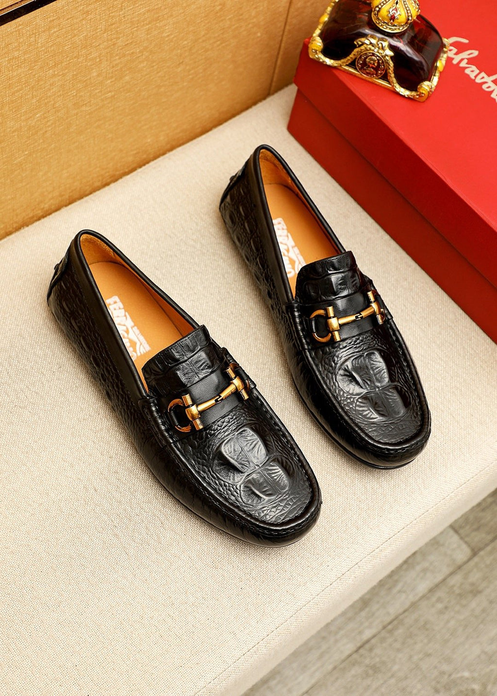 Ferragamo Black Embossed Leather Loafers — hero