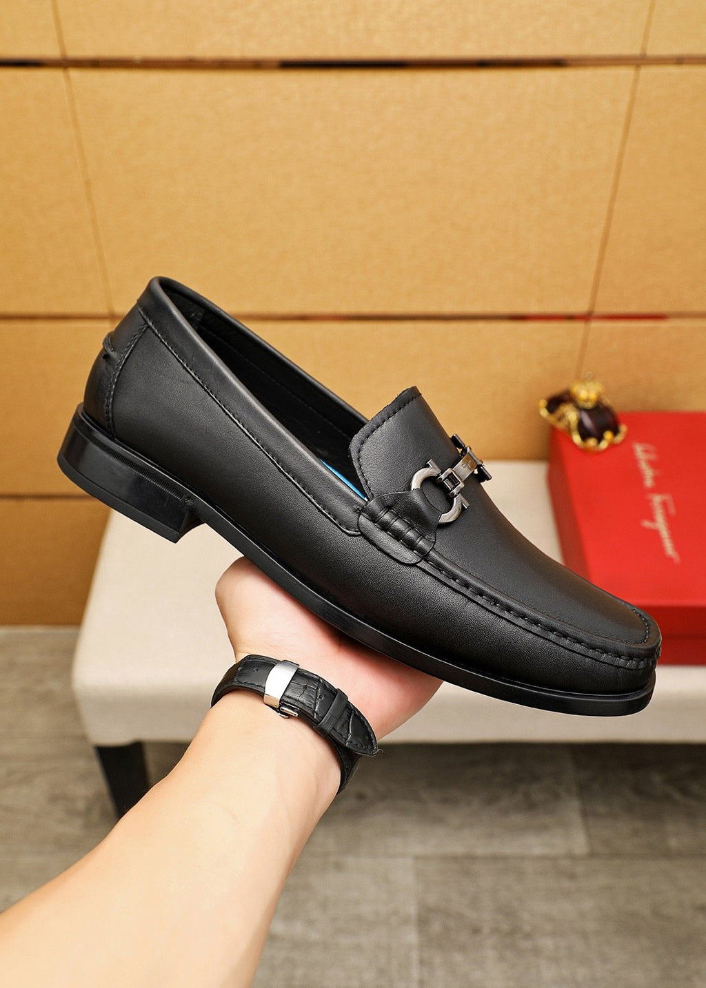 Ferragamo Black Metal-Bit Loafers — model