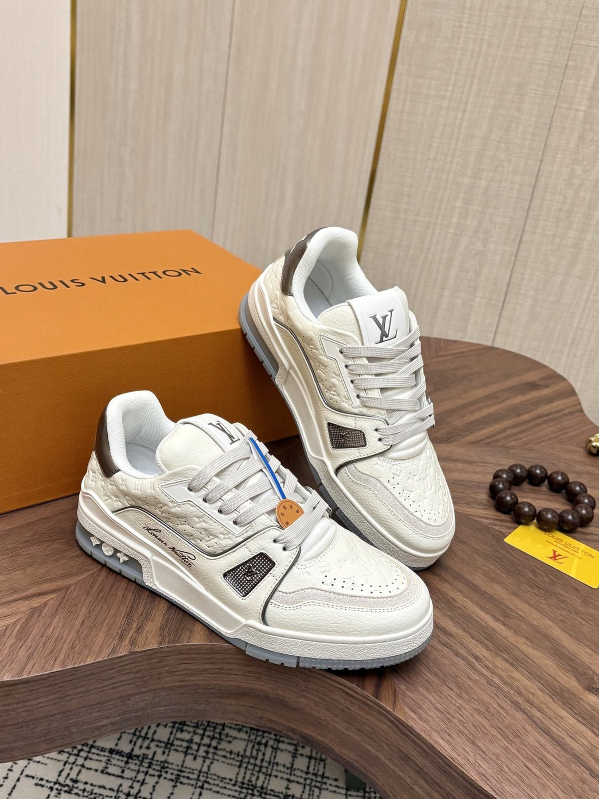 Louis Vuitton White, Gray & Blue Sneakers — model