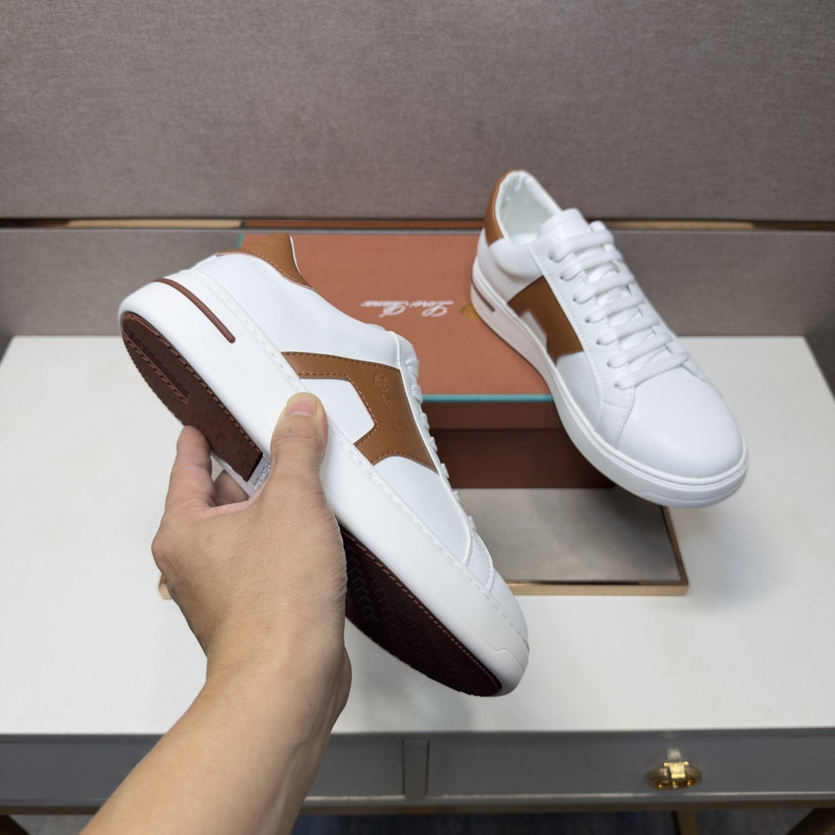 White and Brown Low-Top Sneakers — model