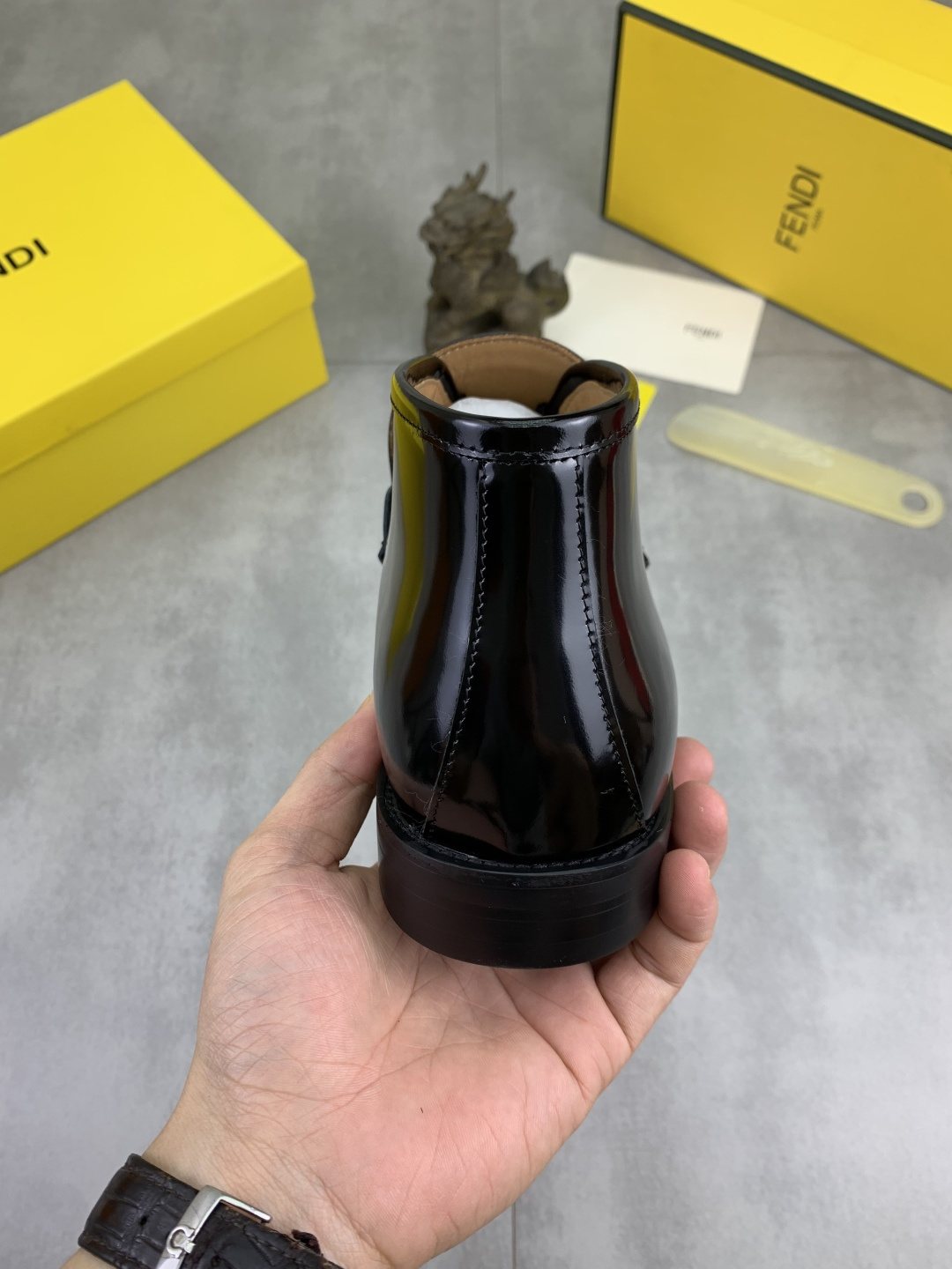 Fendi Black Glossy Buckle Loafers — back