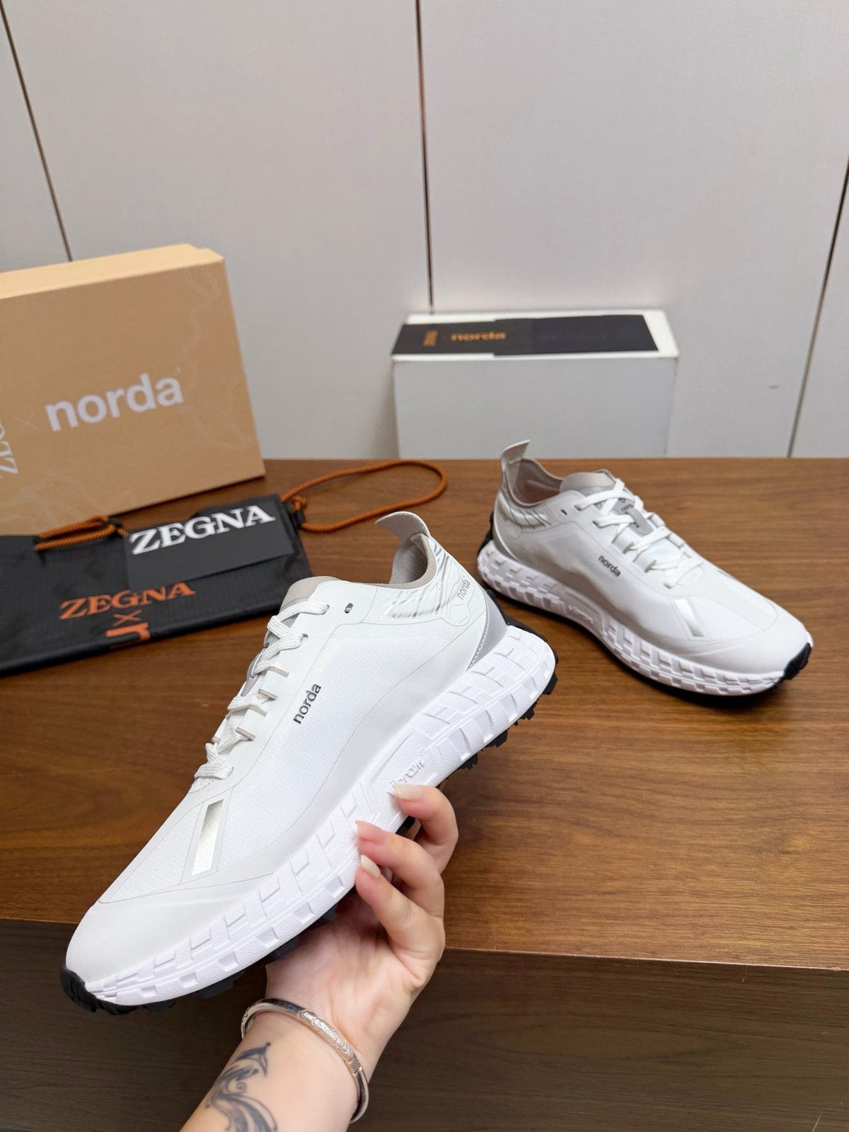 White Gray Brown Running Shoes — model