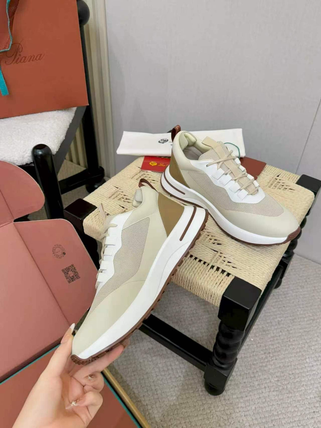 Loro Piana Cream and Beige Low-Top Sneakers — side