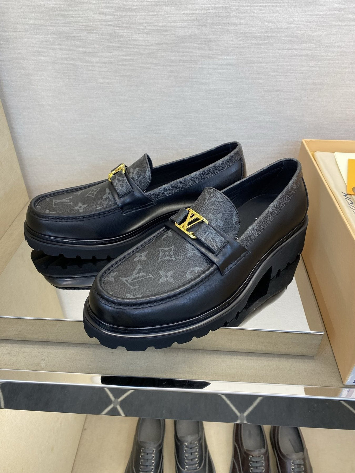 Louis Vuitton Black Monogram Lug Sole Loafers — front