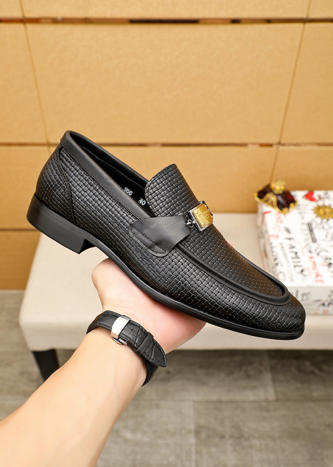 Dolce & Gabbana Black Embossed Buckle Loafers — side
