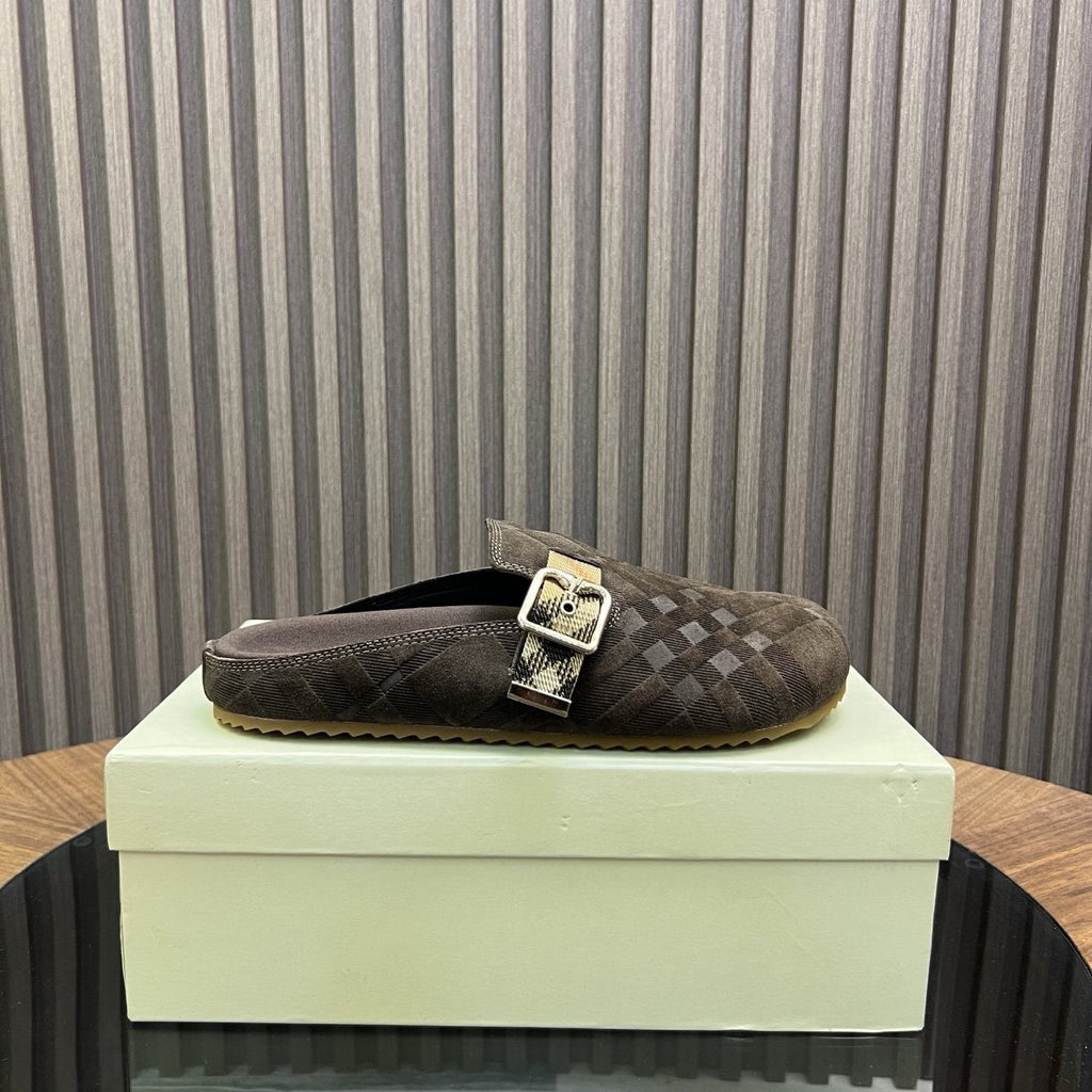 Burberry Dark Brown Check Buckle Mule Slippers — side