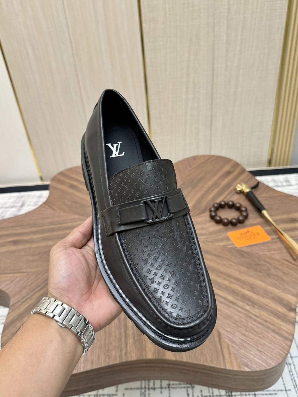 Louis Vuitton Black Textured Loafers — front