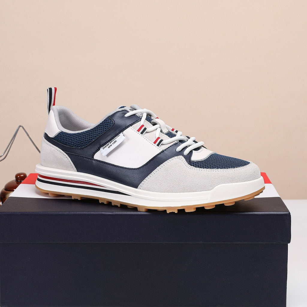Thom Browne White Navy Panel Low-Top Sneakers — side