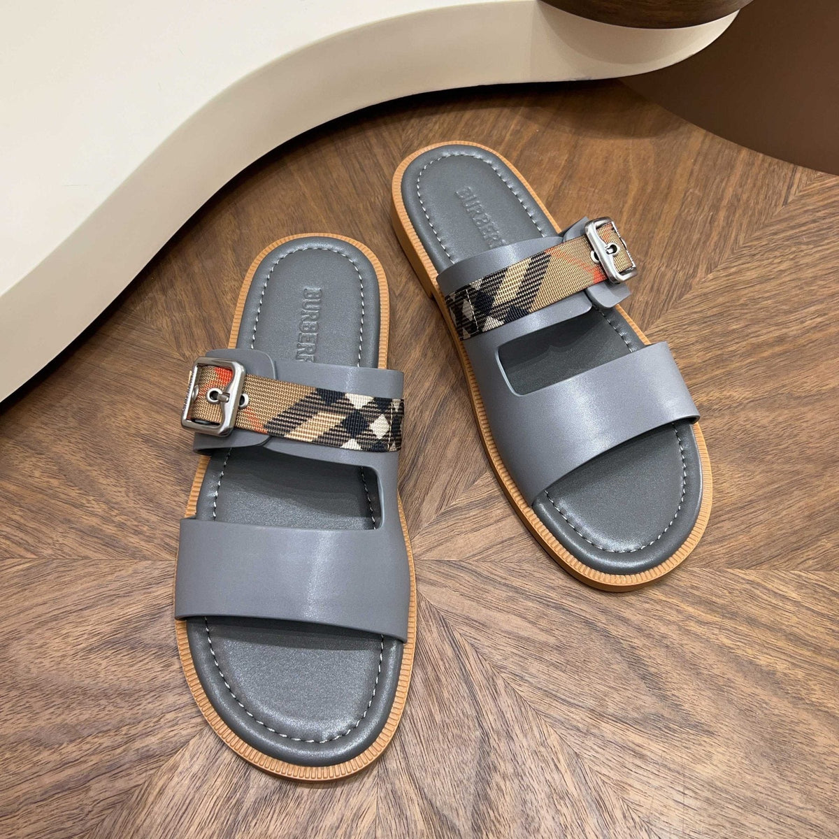 Burberry Plaid Buckle Slide Sandals — front