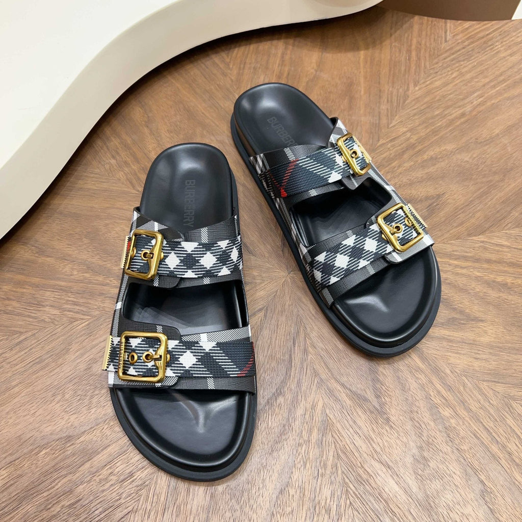 Burberry Plaid Two-Buckle Slide Sandals — front