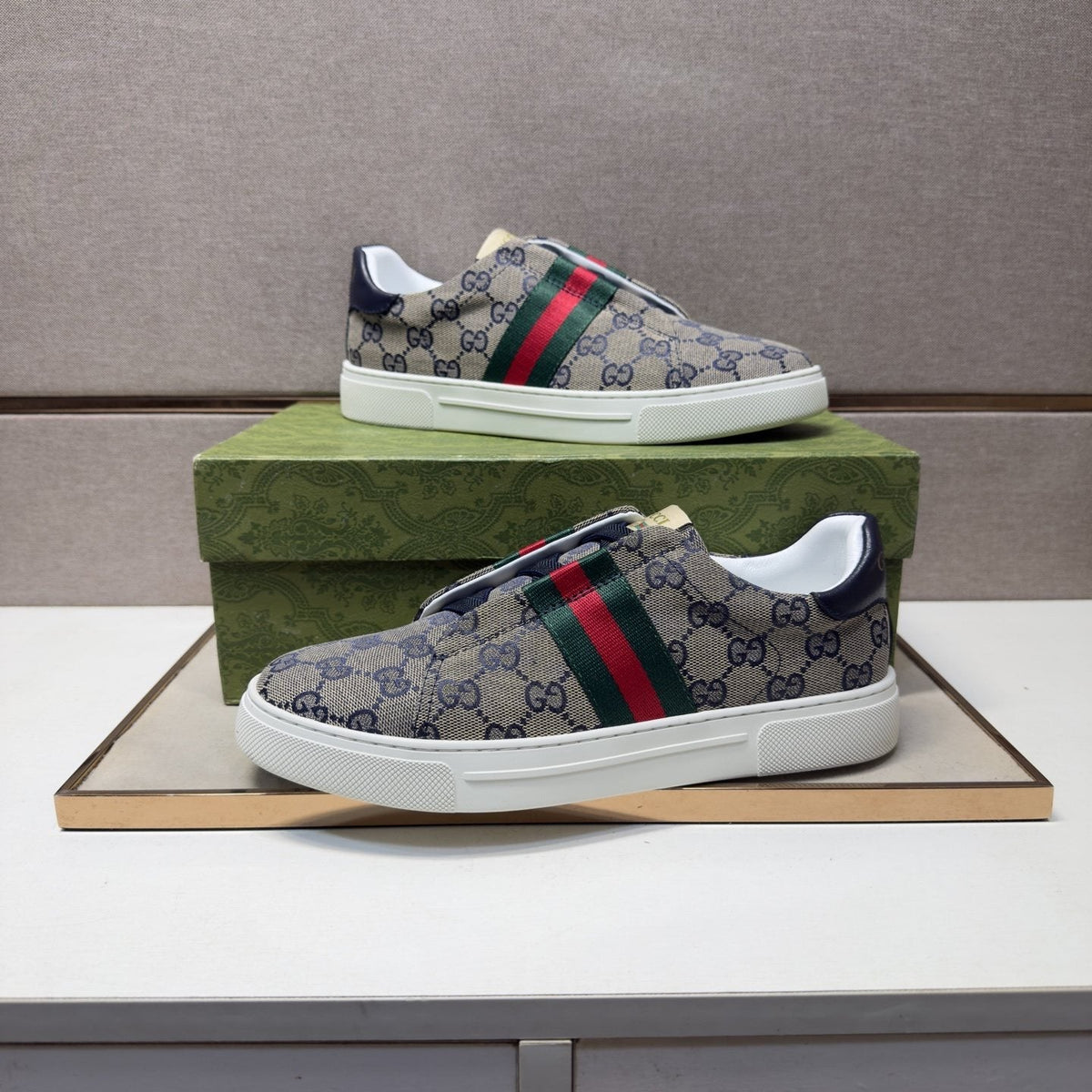 Gucci Men’s Monogram Web Slip-On Shoes — model