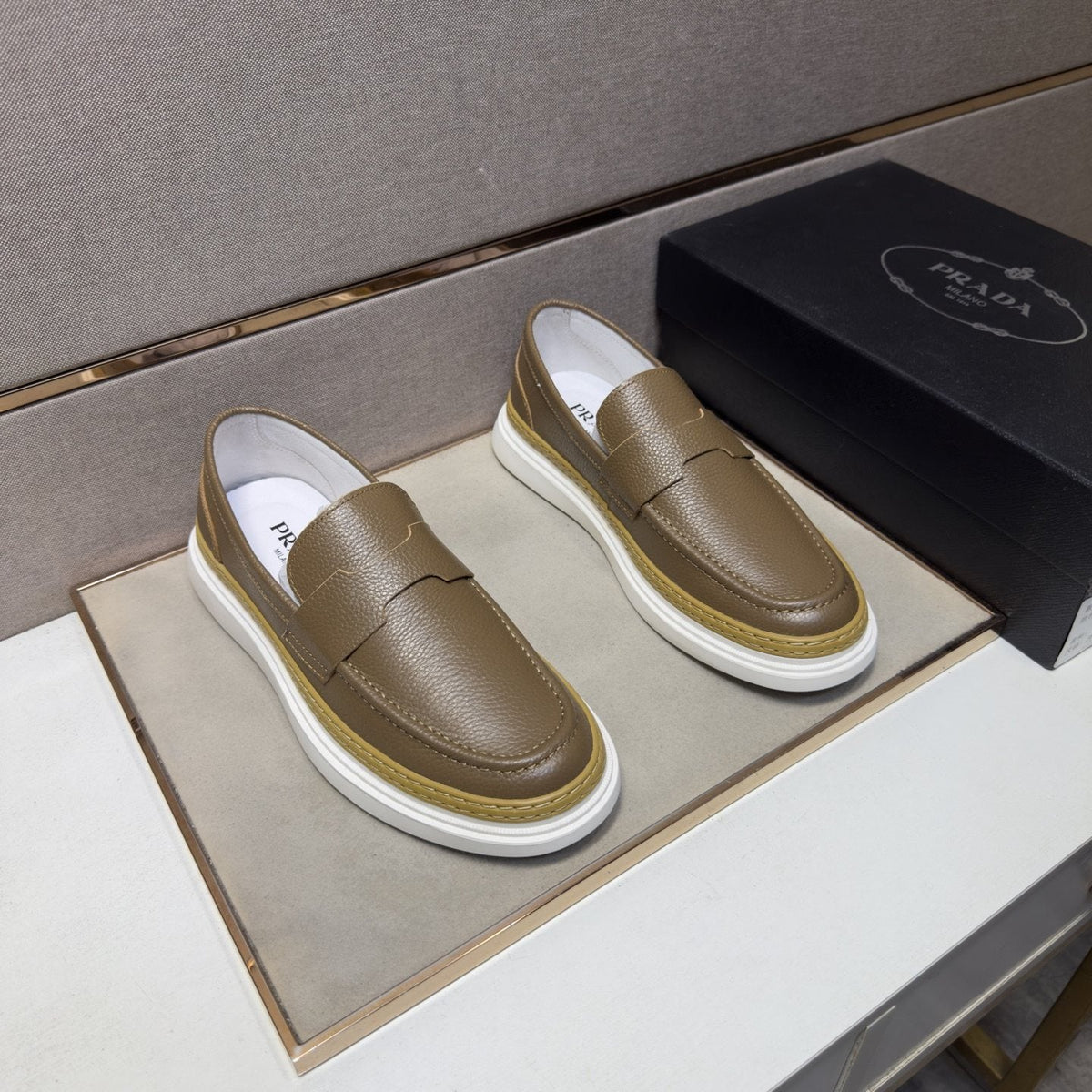 Prada Gold Accent Slip-On Loafers — front