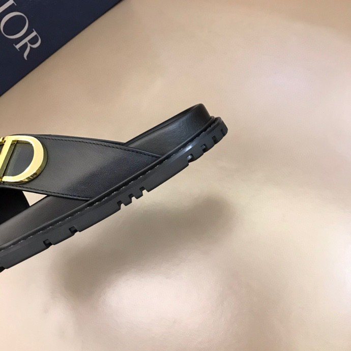 Dior Black Gold-Hardware Slide Sandals — detail
