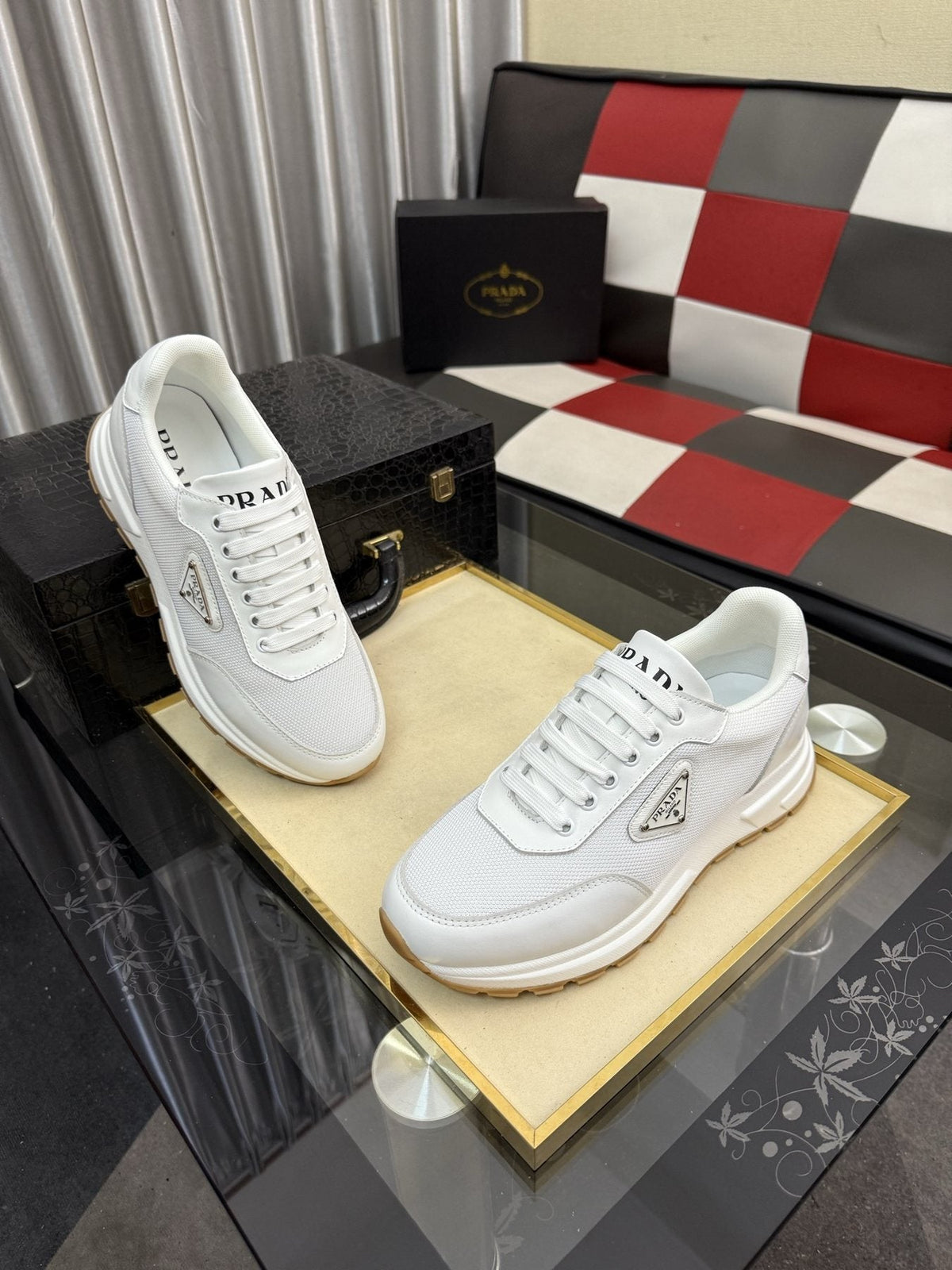 Prada Triangle Plaque Low-Top Sneakers — side