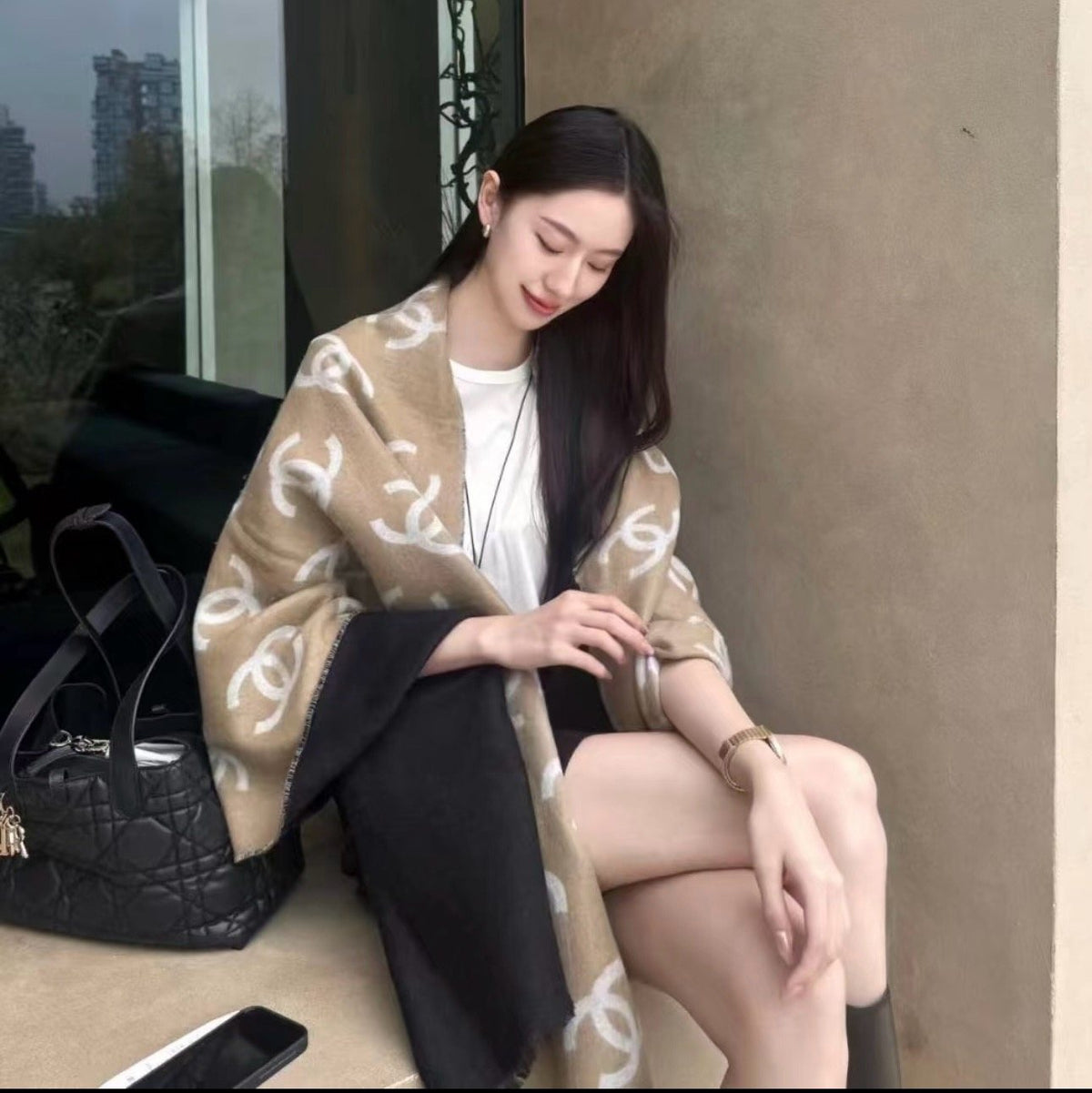 Chanel Reversible Logo Scarf Shawl — model