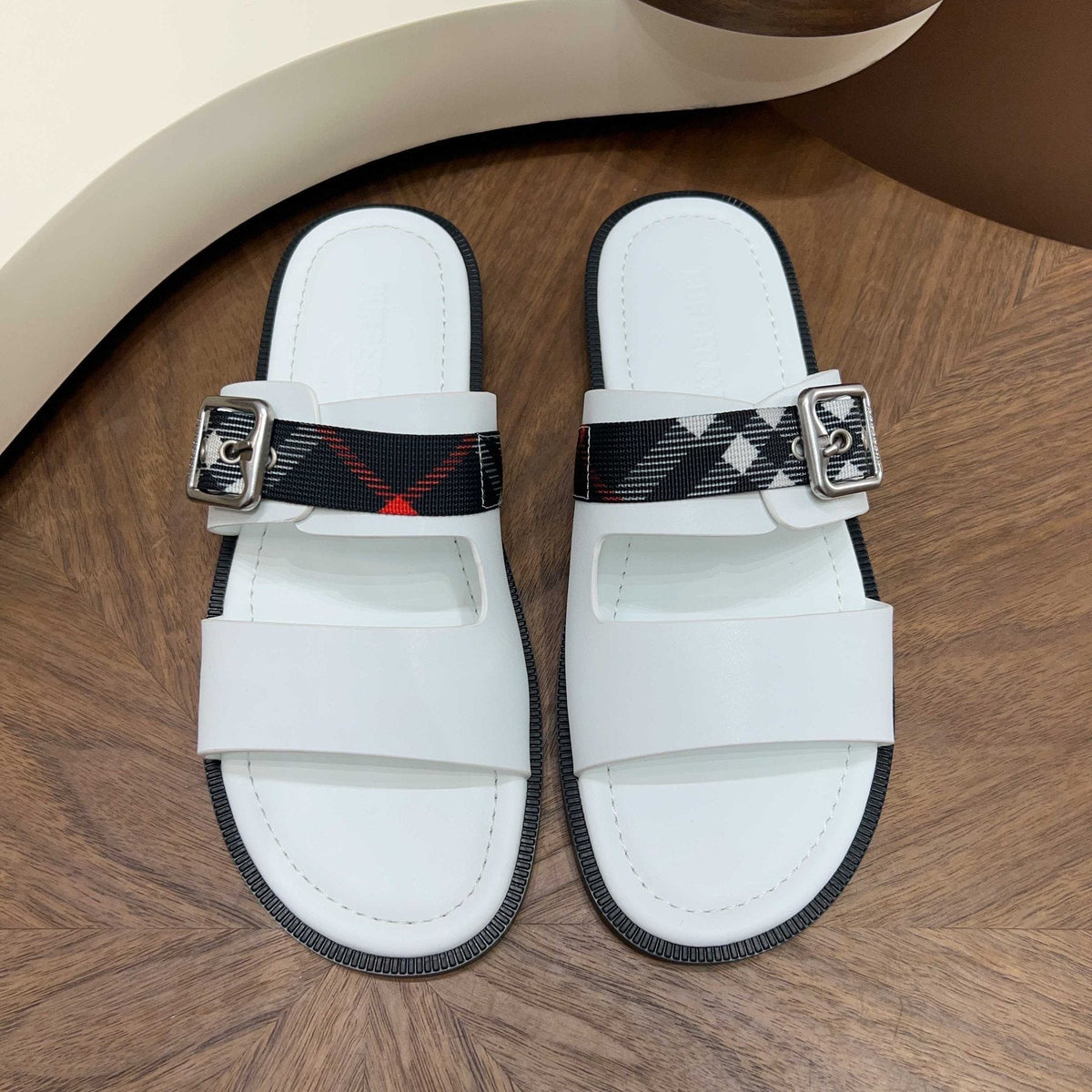 Burberry Plaid Buckle Slide Sandals — front