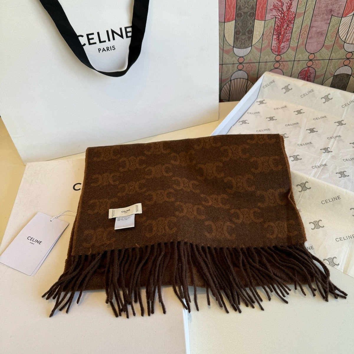 Celine Brown Patterned Fringed Scarf — front