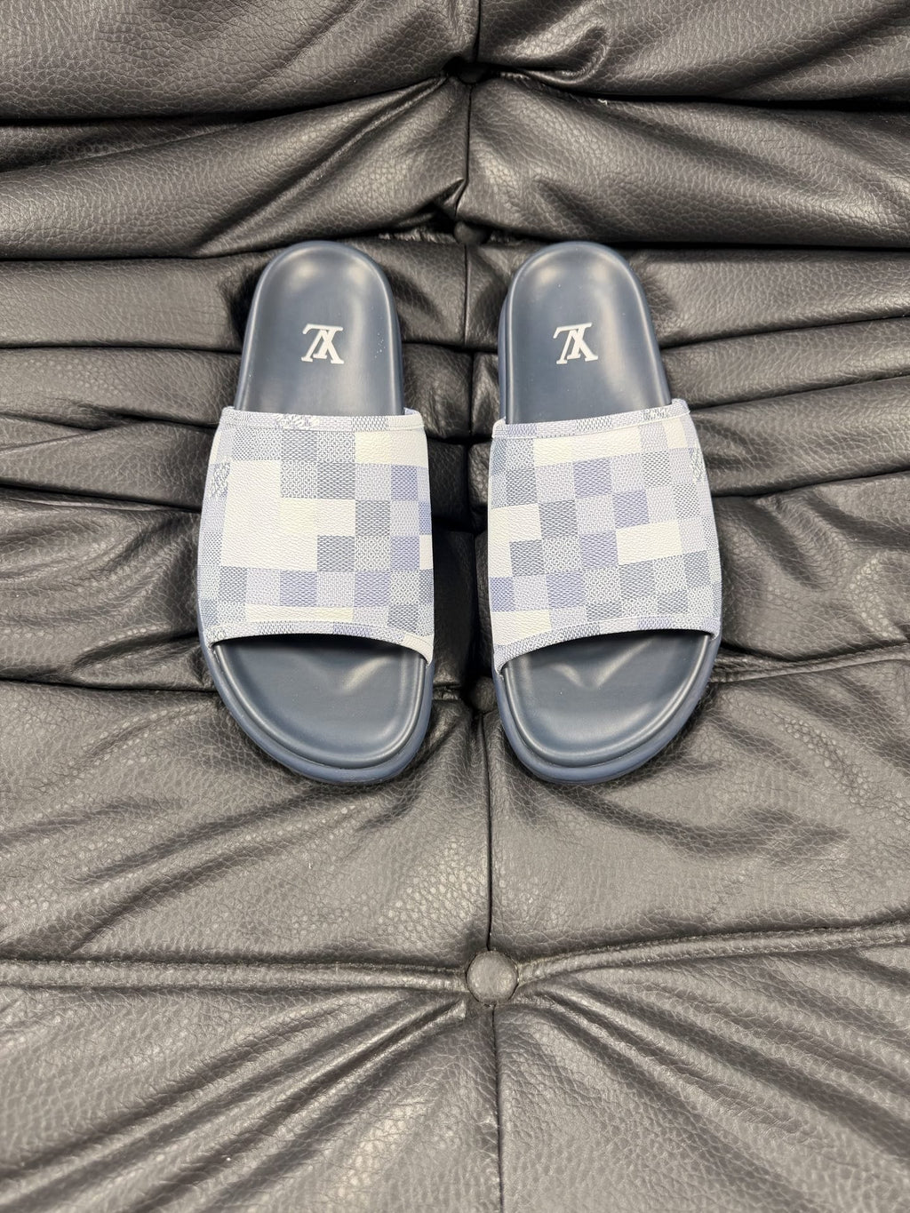 Louis Vuitton Slate Blue Checkered Slide Sandals — hero