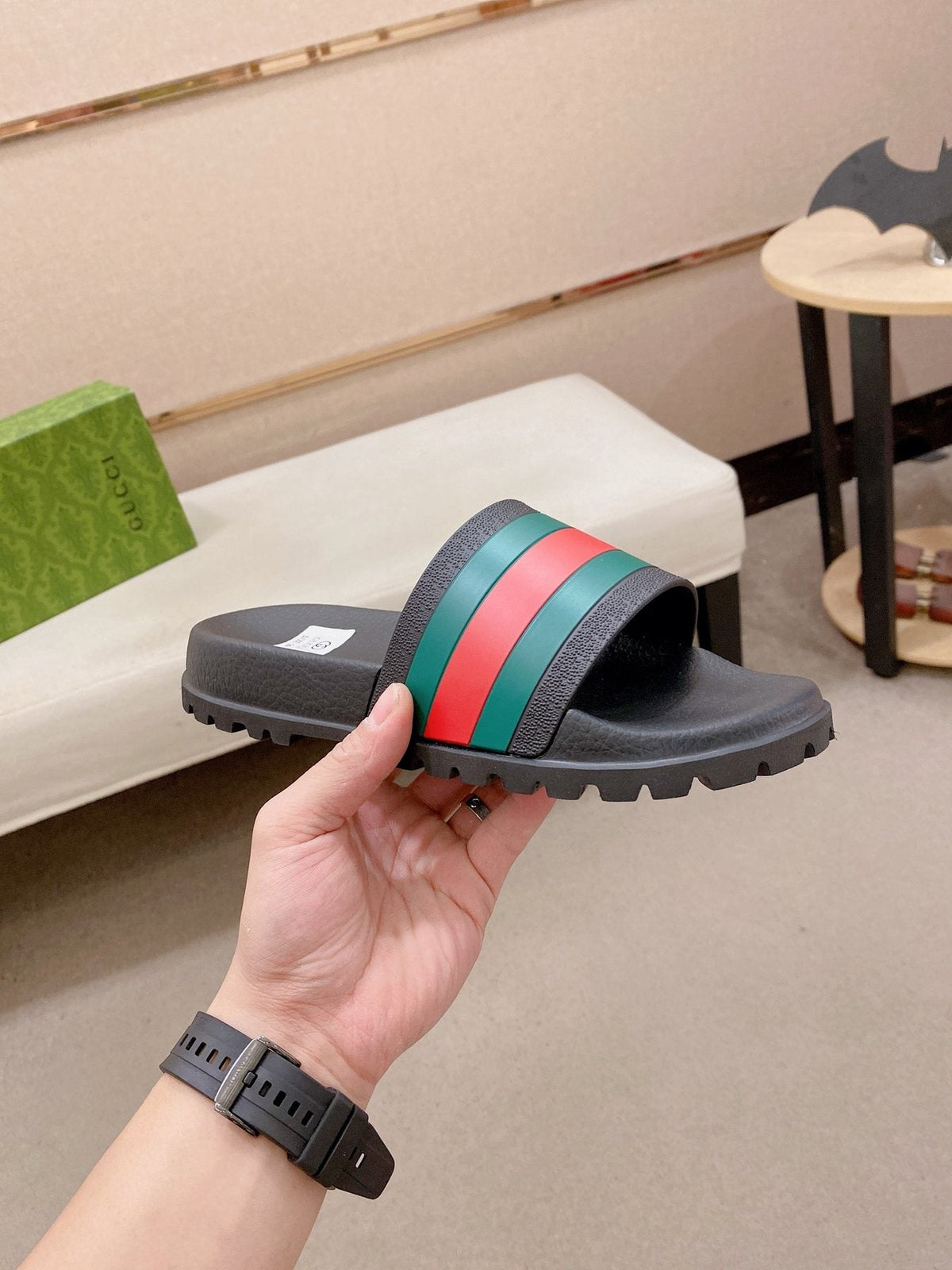 Gucci Green-Red Stripe Slide Sandals — side