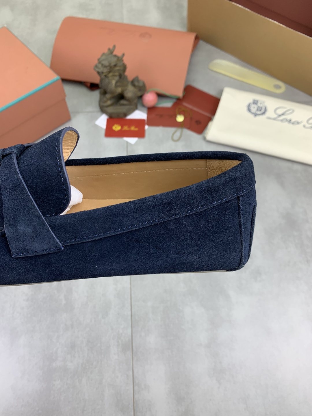 Loro Piana Navy Blue Moc-Toe Loafers — detail