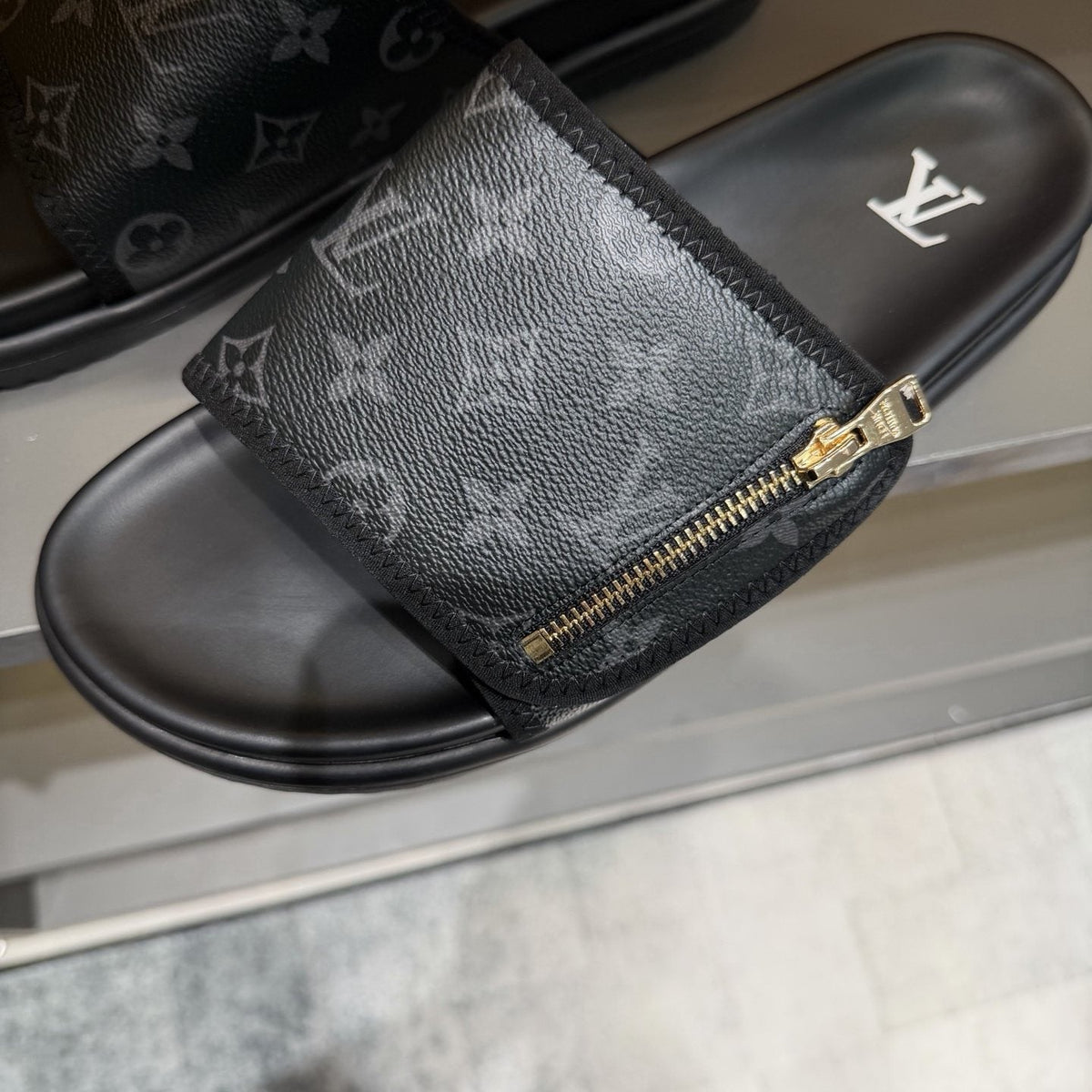 Louis Vuitton Black Monogram Strap Slide Sandals — front