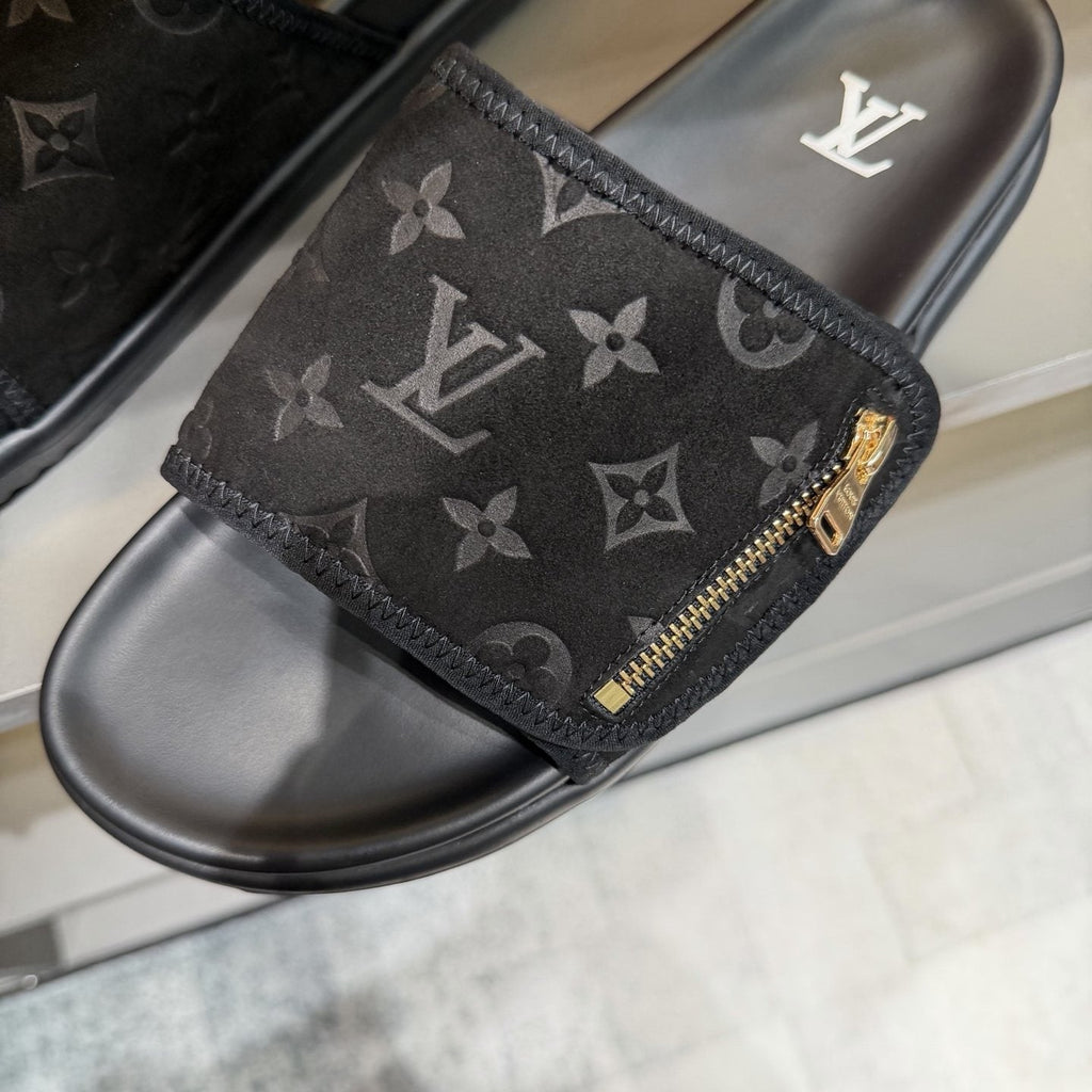 Louis Vuitton Black Monogram Strap Slide Sandals — front