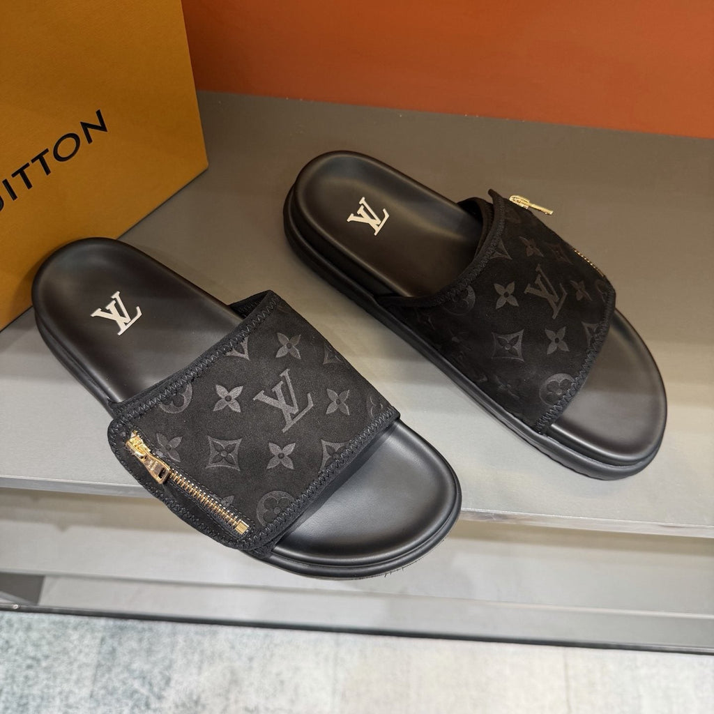 Louis Vuitton Black Monogram Strap Slide Sandals — front