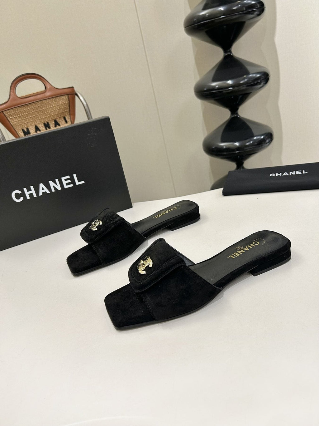 Chanel Square-Toe Emblem Slide Sandals — side