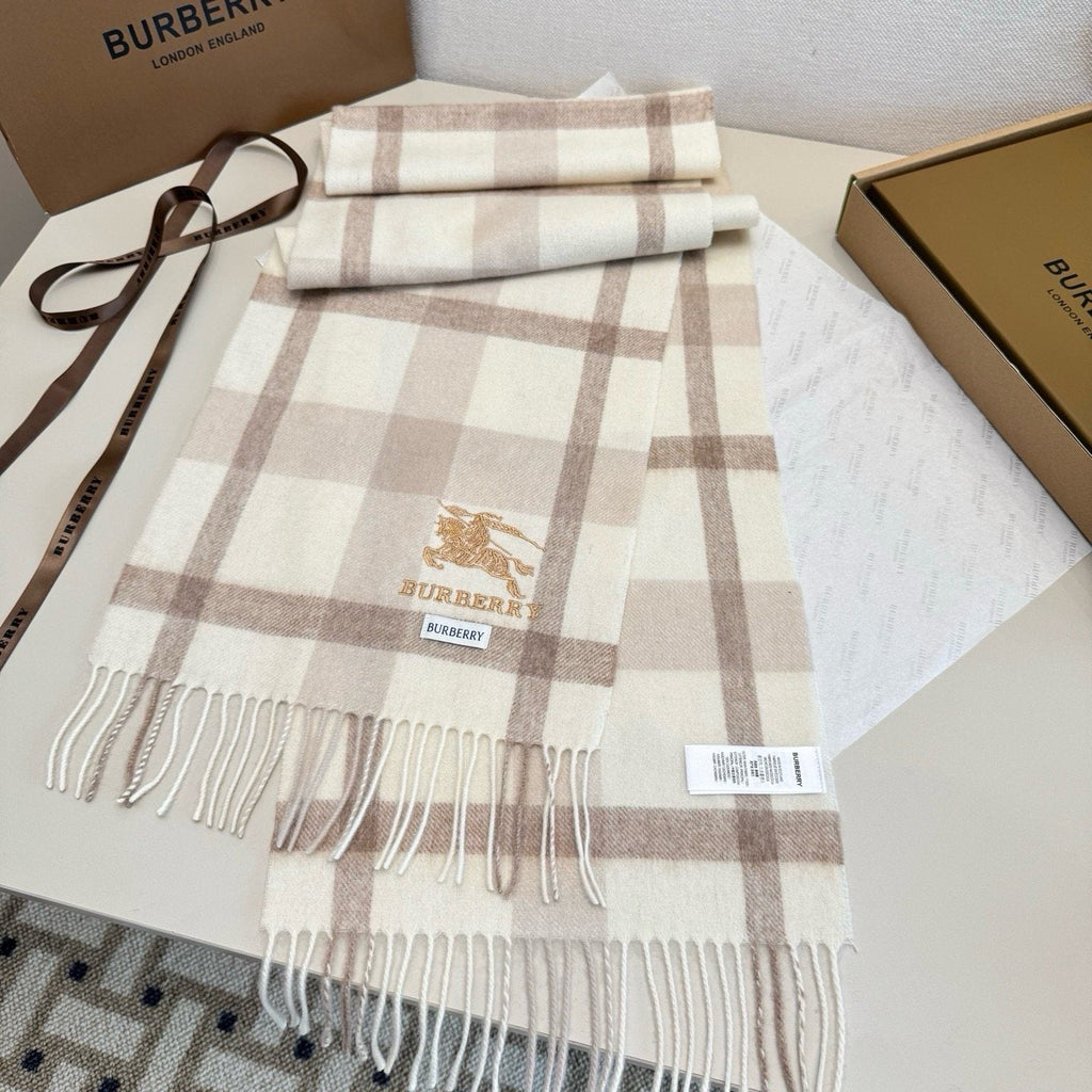 Burberry Cream Taupe Check Fringed Scarf — hero